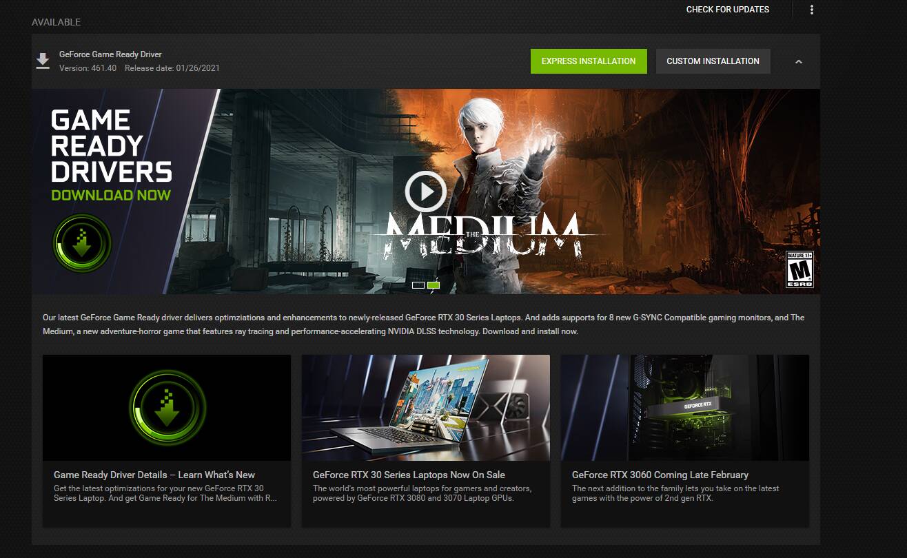 Game Ready or Studio drivers from NVIDIA